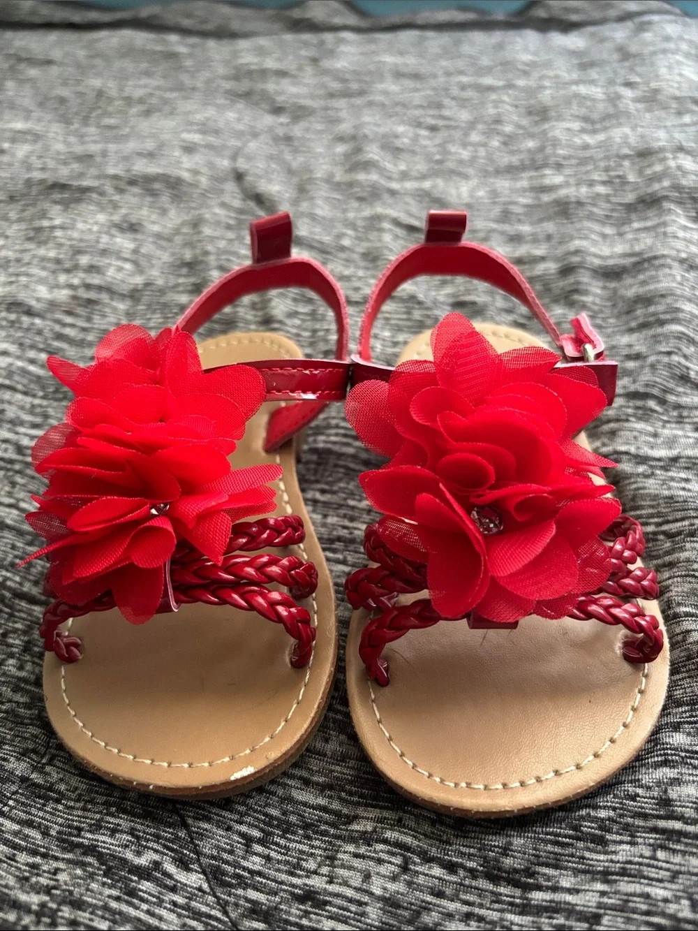 Girls' Red Flower Braided Strap Sandals - Kids Summer Footwear